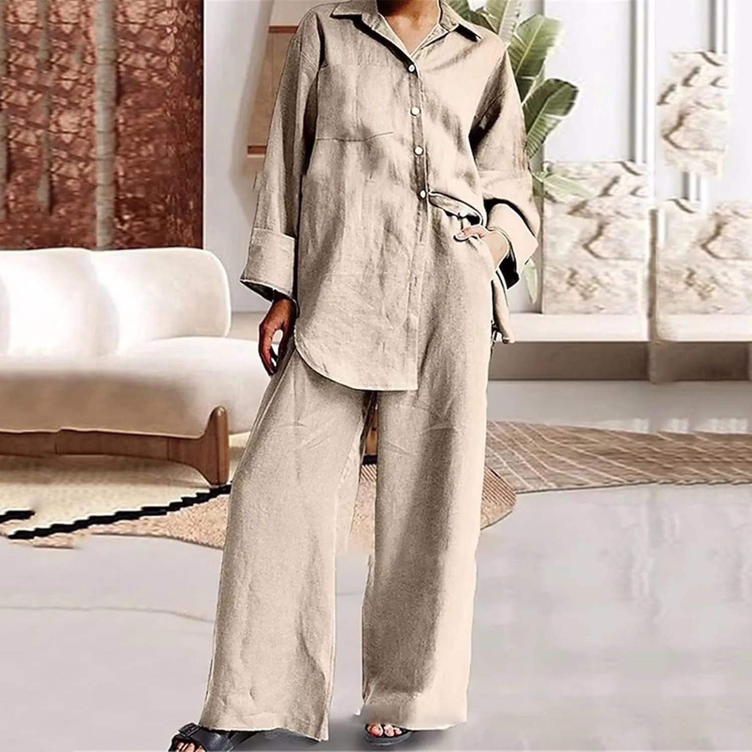 Linen Set for Women Two Piece Outfits Oversized Long Sleeve Button Down Shirts Wide Leg Pants Casual Matching Sets