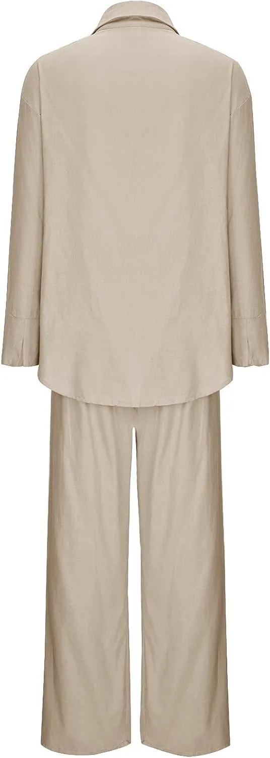 Linen Set for Women Two Piece Outfits Oversized Long Sleeve Button Down Shirts Wide Leg Pants Casual Matching Sets