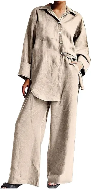 Linen Set for Women Two Piece Outfits Oversized Long Sleeve Button Down Shirts Wide Leg Pants Casual Matching Sets