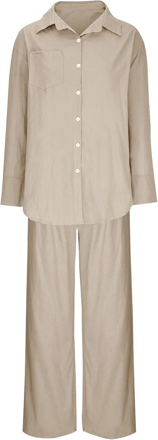 Linen Set for Women Two Piece Outfits Oversized Long Sleeve Button Down Shirts Wide Leg Pants Casual Matching Sets