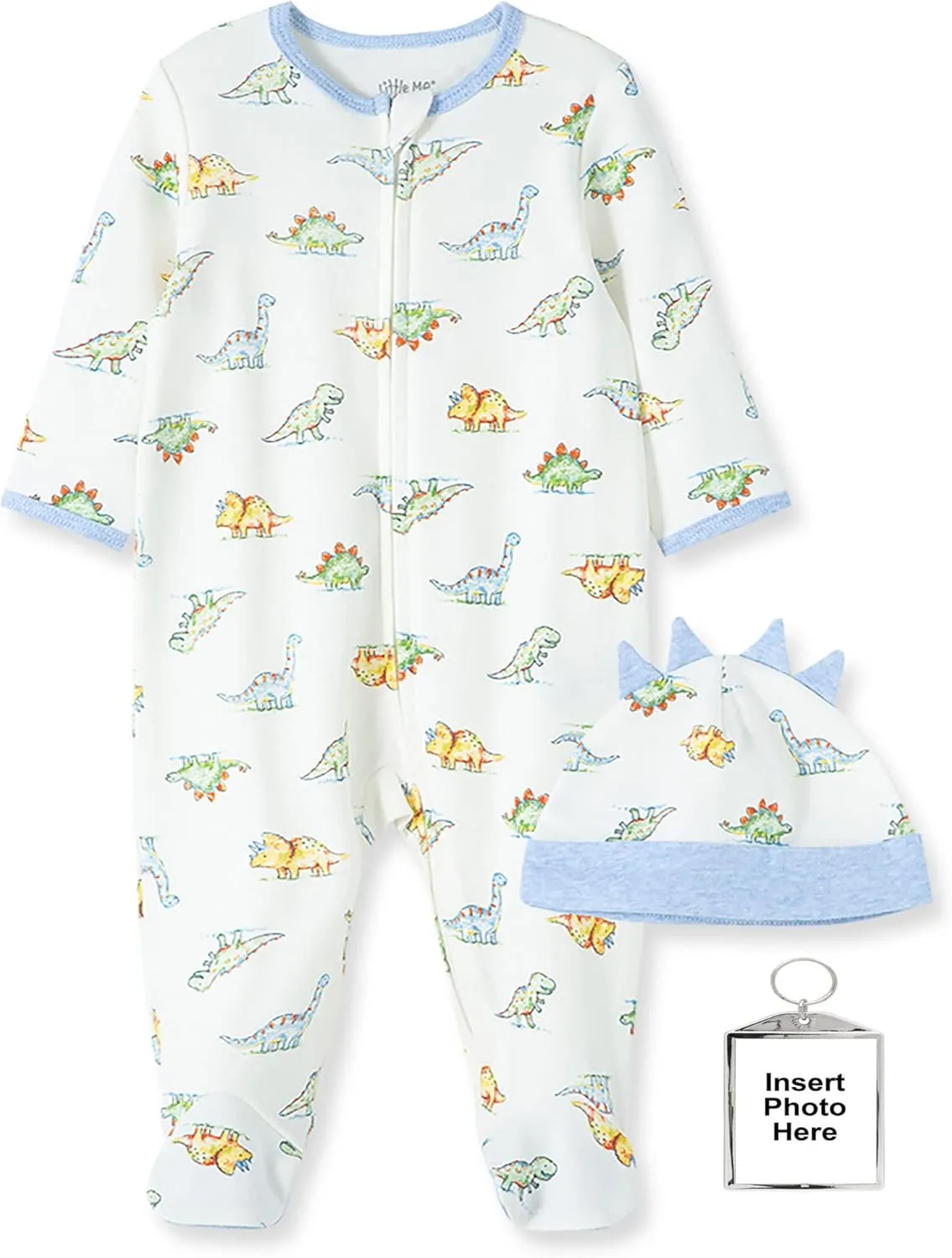 Little Me Footie Pajamas Soft Cotton Baby Boys Footed Sleeper Dino-Mite Sleepwear, Hat, and Keychain Newborn (LTM03661-22)