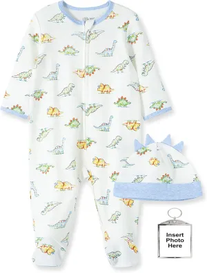 Little Me Footie Pajamas Soft Cotton Baby Boys Footed Sleeper Dino-Mite Sleepwear, Hat, and Keychain Preemie (LTM03661-21)