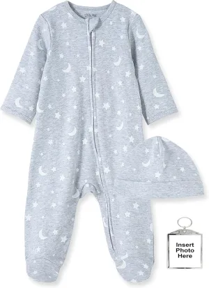 Little Me Footie Pajamas Soft Cotton Baby Boys or Girls Footed Sleeper Grey Moon and Stars Sleepwear, Hat, and Keychain 6 Months (LTM03661-29)