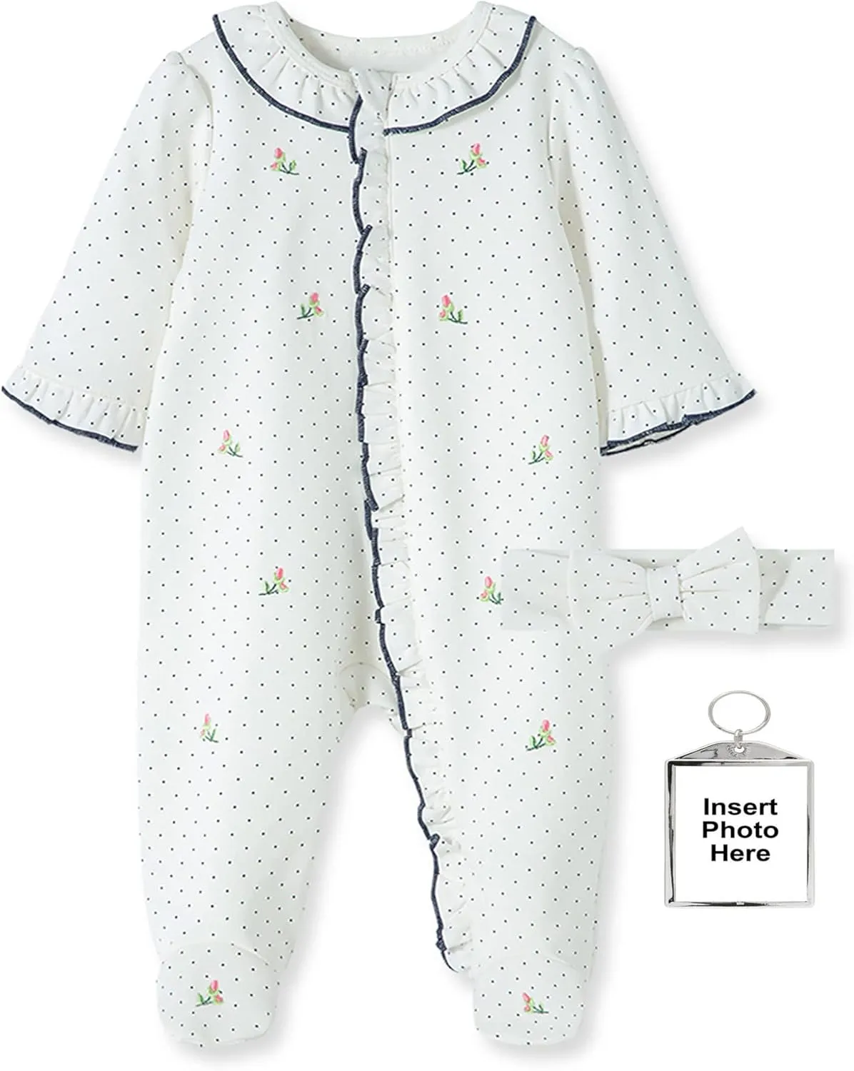 Little Me Footie Pajamas Soft Cotton Baby Girls Footed Sleeper Rosebud Dot Sleepwear, Headband, and Keychain Preemie (LTM03661-06)