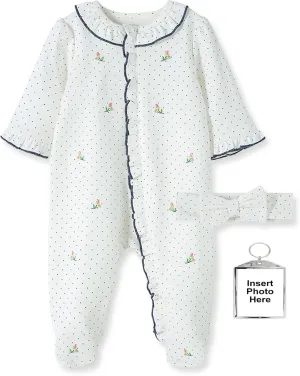 Little Me Footie Pajamas Soft Cotton Baby Girls Footed Sleeper Rosebud Dot Sleepwear, Headband, and Keychain Preemie (LTM03661-06)