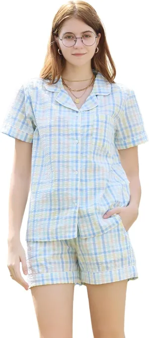 LYCY Women 100% Cotton Cute Short Pajama Set 2 Piece Casual Lounge Sets Y2k Plaid Pj Set