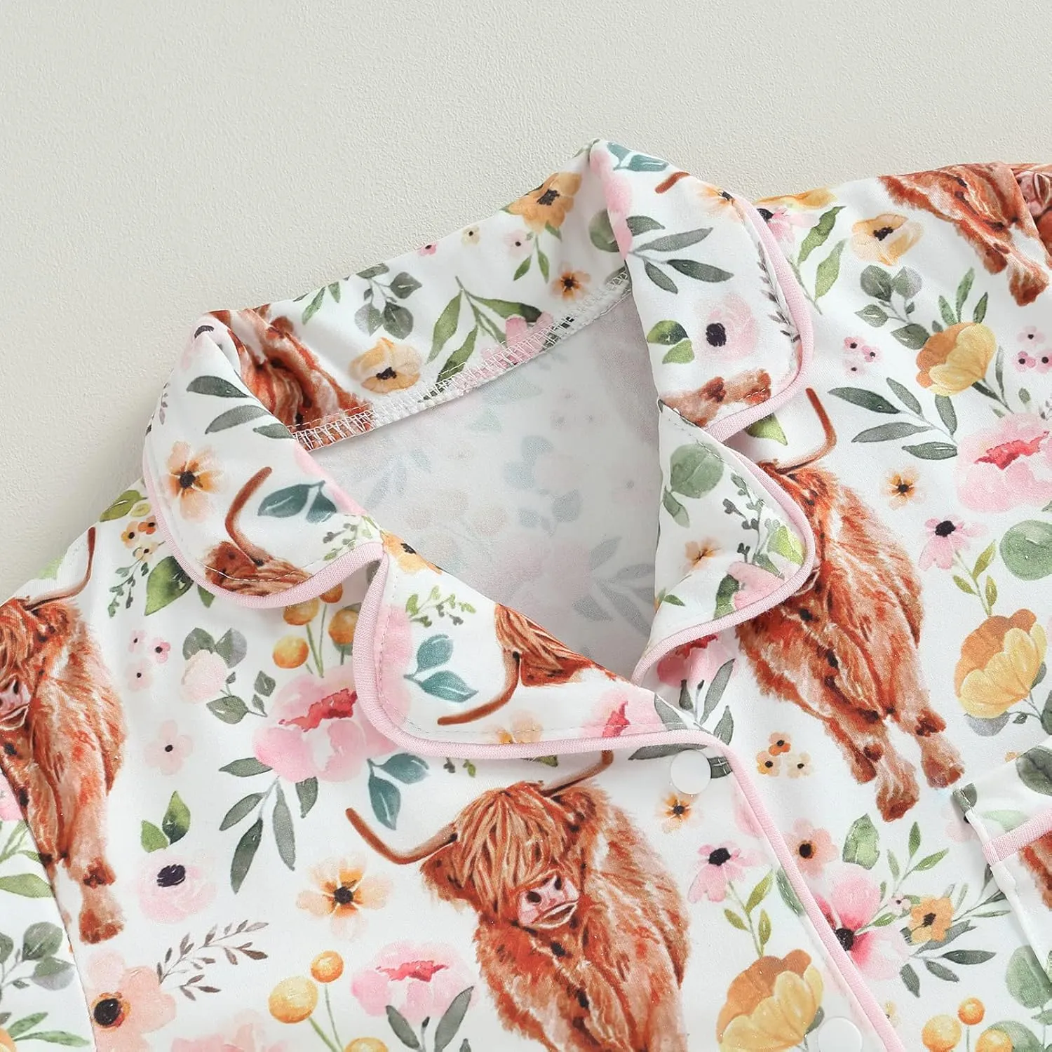 MAINESAKA Baby Boy Girl 2Pcs Pajamas Set Western Cow Print Short Sleeve Button Down Shirt Elastic Shorts Lounge Set Sleepwear