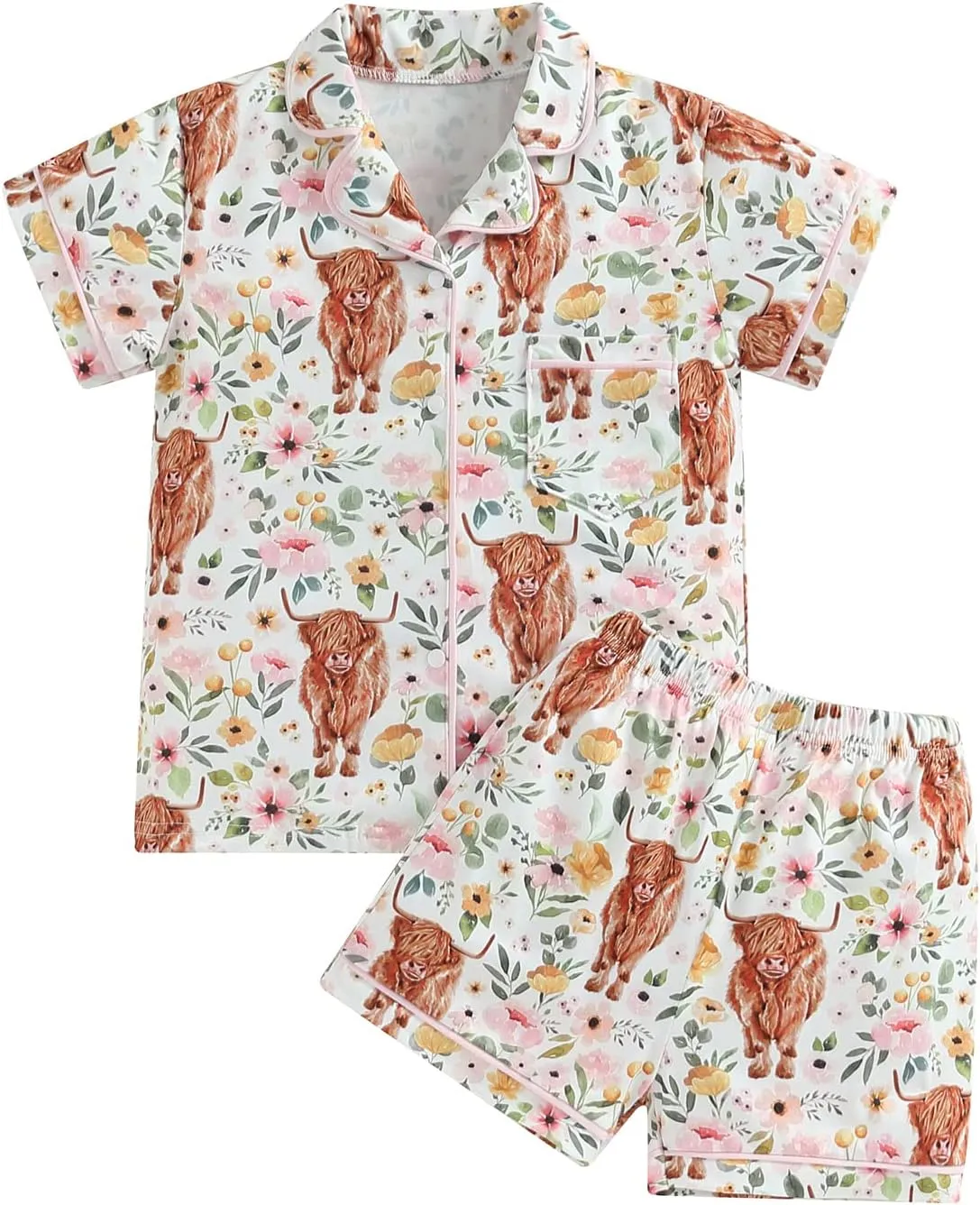 MAINESAKA Baby Boy Girl 2Pcs Pajamas Set Western Cow Print Short Sleeve Button Down Shirt Elastic Shorts Lounge Set Sleepwear