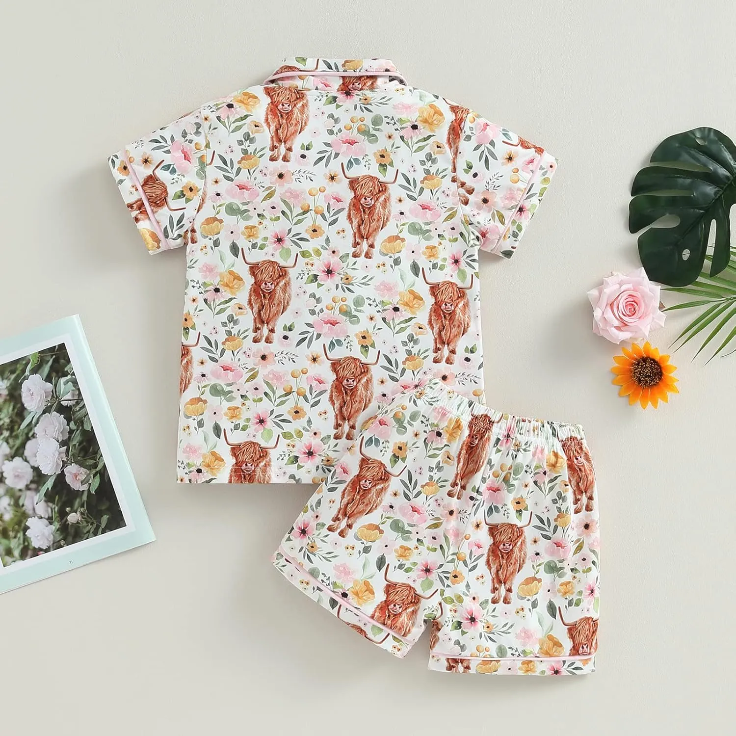 MAINESAKA Baby Boy Girl 2Pcs Pajamas Set Western Cow Print Short Sleeve Button Down Shirt Elastic Shorts Lounge Set Sleepwear