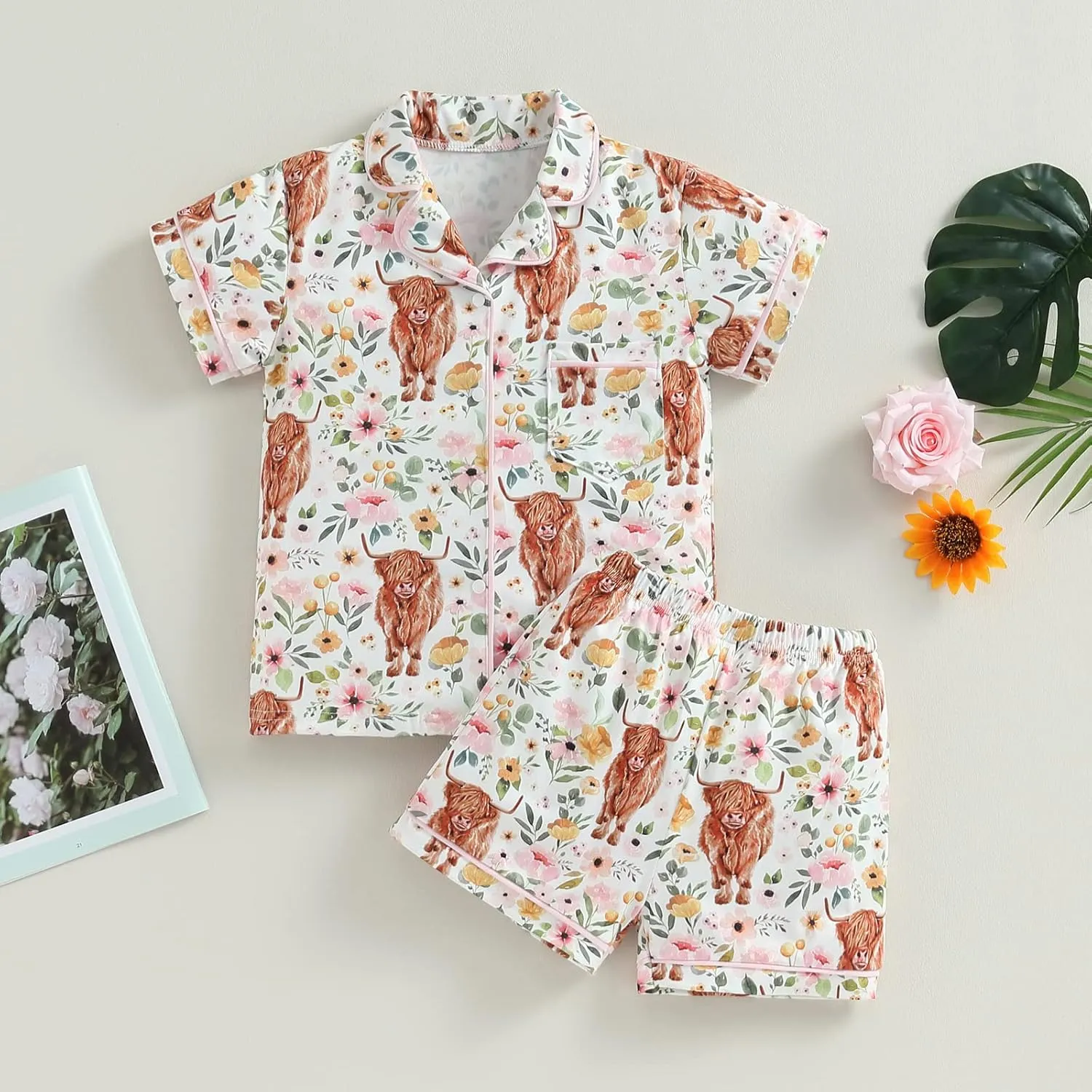 MAINESAKA Baby Boy Girl 2Pcs Pajamas Set Western Cow Print Short Sleeve Button Down Shirt Elastic Shorts Lounge Set Sleepwear
