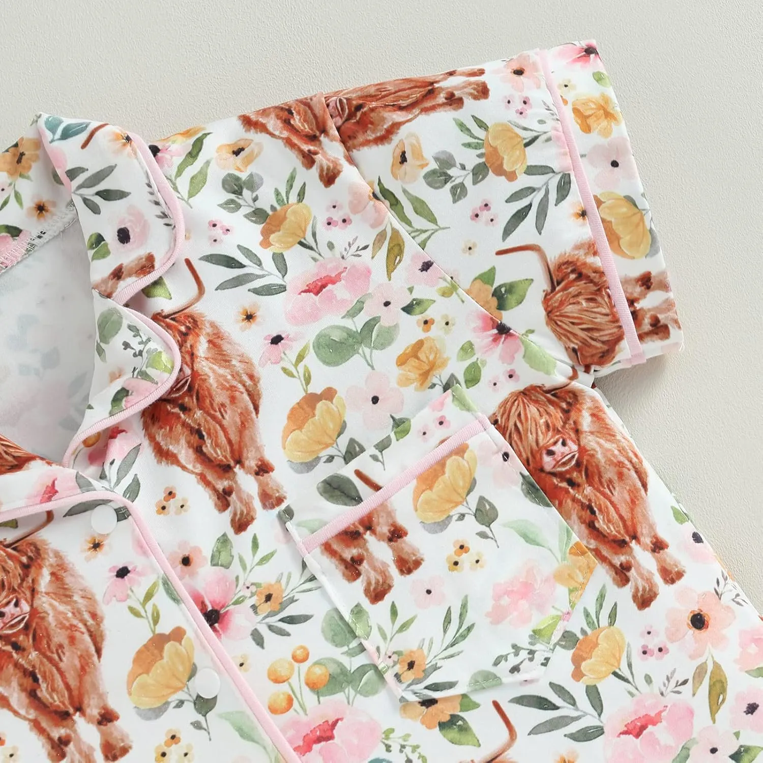 MAINESAKA Baby Boy Girl 2Pcs Pajamas Set Western Cow Print Short Sleeve Button Down Shirt Elastic Shorts Lounge Set Sleepwear