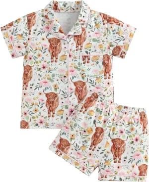 MAINESAKA Baby Boy Girl 2Pcs Pajamas Set Western Cow Print Short Sleeve Button Down Shirt Elastic Shorts Lounge Set Sleepwear