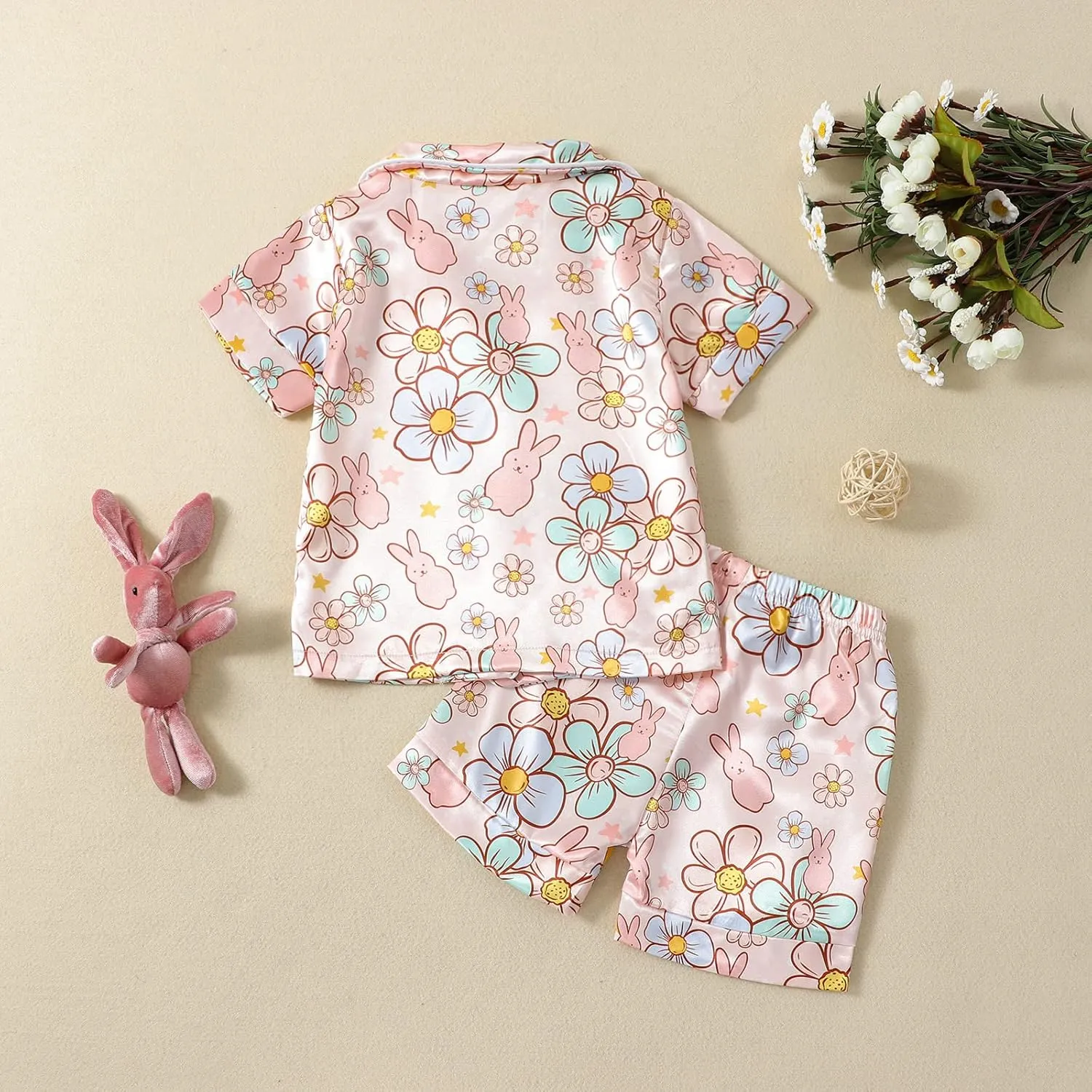 MAINESAKA Baby Girl Short Sleeve Button Down Tops And Shorts Snug Fit Pajamas Set 2 Piece Silk Satin Pjs Summer Sleepwear