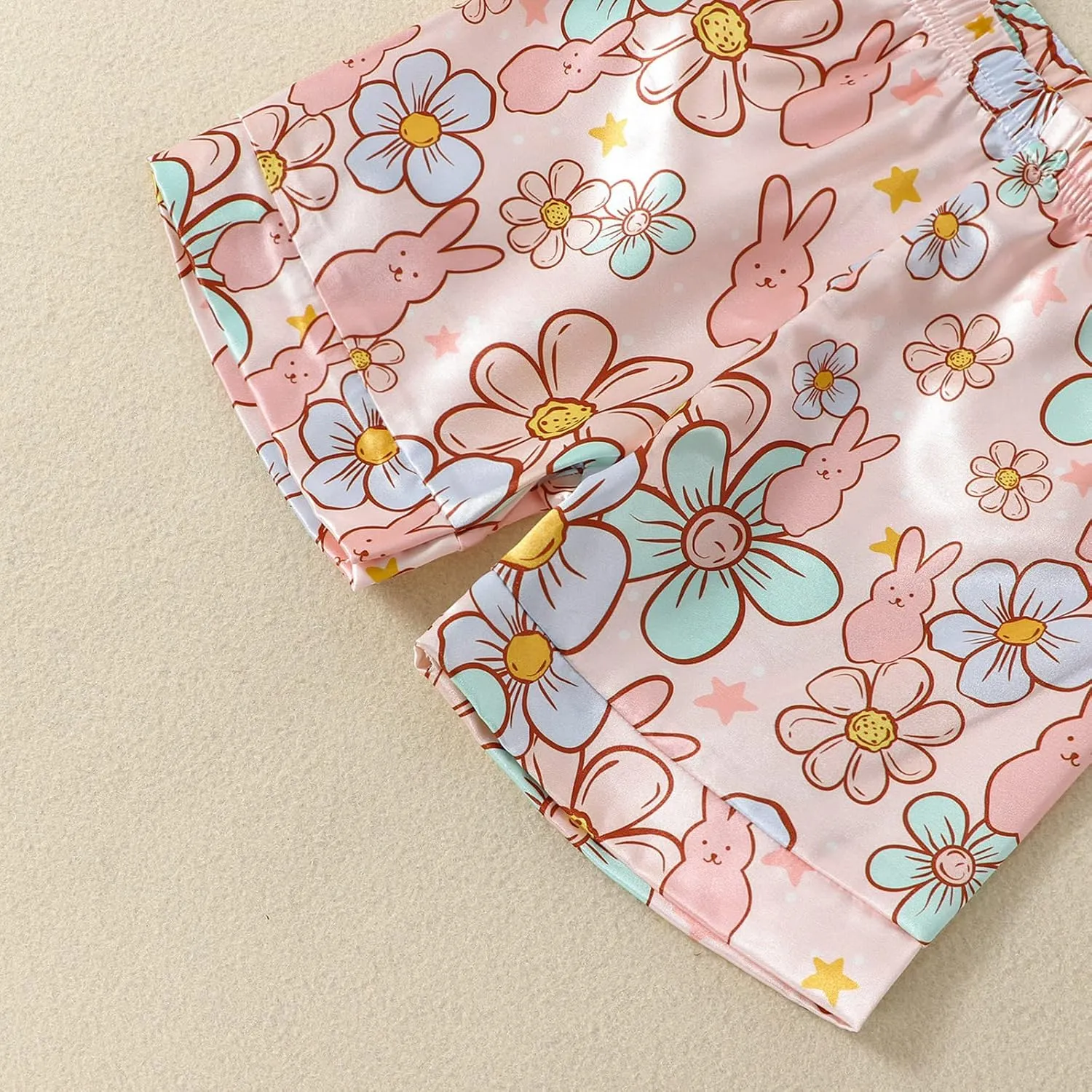 MAINESAKA Baby Girl Short Sleeve Button Down Tops And Shorts Snug Fit Pajamas Set 2 Piece Silk Satin Pjs Summer Sleepwear