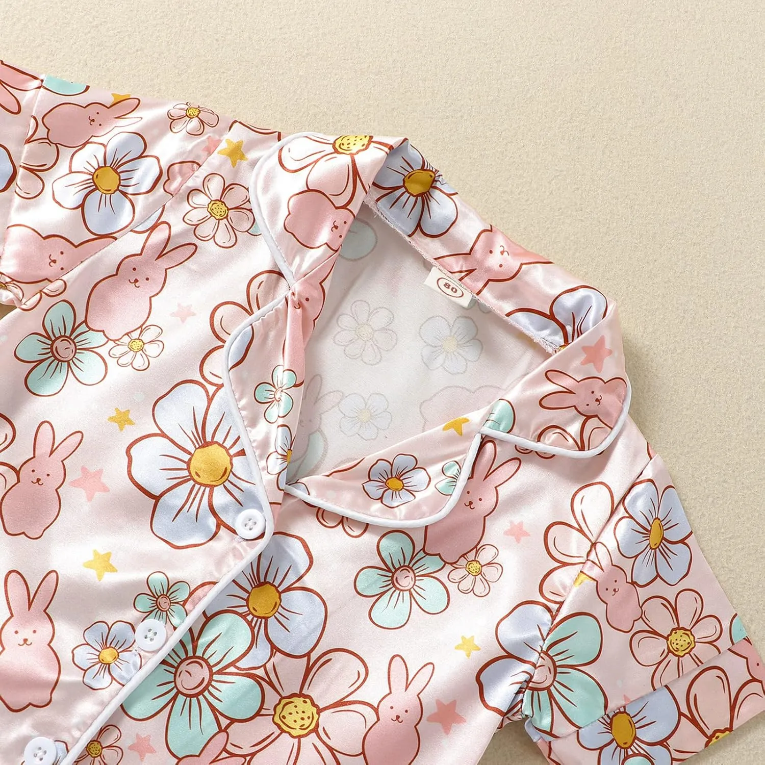 MAINESAKA Baby Girl Short Sleeve Button Down Tops And Shorts Snug Fit Pajamas Set 2 Piece Silk Satin Pjs Summer Sleepwear