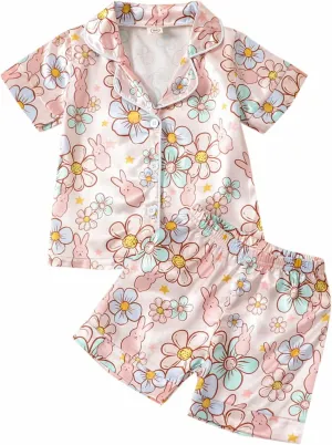 MAINESAKA Baby Girl Short Sleeve Button Down Tops And Shorts Snug Fit Pajamas Set 2 Piece Silk Satin Pjs Summer Sleepwear