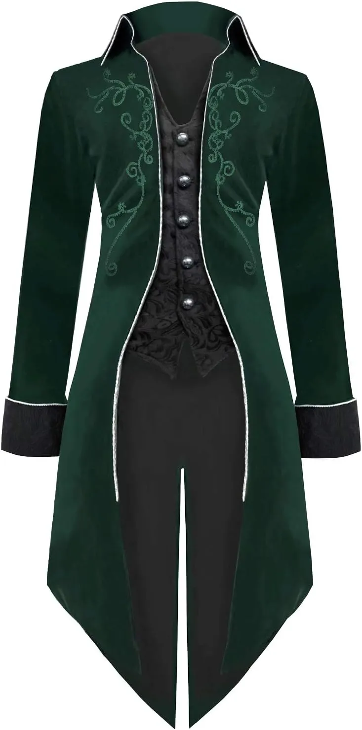 Medieval Steampunk Tailcoat Halloween Costumes for Men, Renaissance Pirate Vampire Gothic Jackets Vintage Warlock Frock Coat