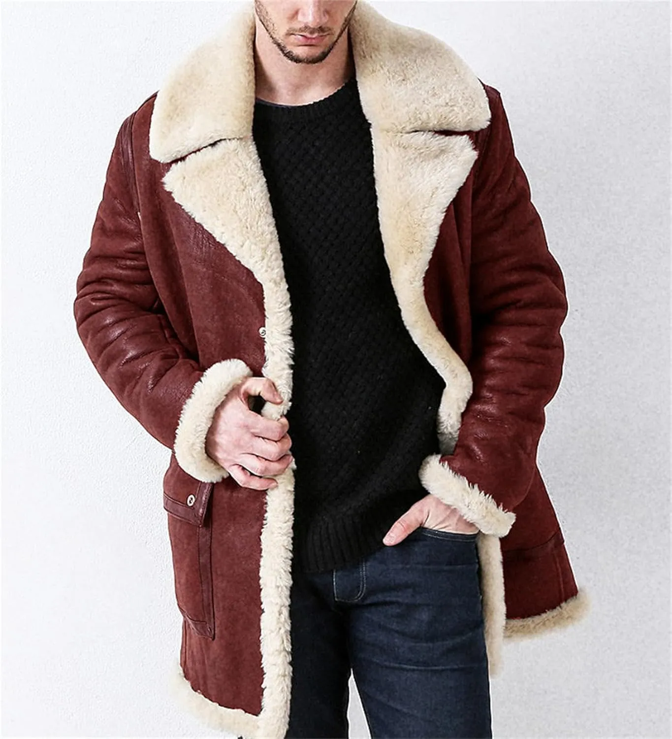 Men Faux Fur Leather Jackets Sherpa Fleece Lined Open Front Lapel Trench Coat Big and Tall Outwears for Winter