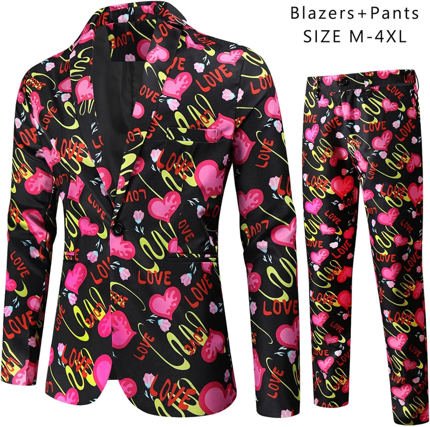 Mens 2 Piece Slim Fit Suit Set, Printed One Button Blazer Jacket Pants Dress Business Wedding Party Jacket Pant Sets
