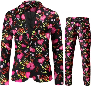 Mens 2 Piece Slim Fit Suit Set, Printed One Button Blazer Jacket Pants Dress Business Wedding Party Jacket Pant Sets