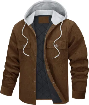 Men's Corduroy Jacket Hoodies Quilted Lined Button-Down Casual Shirt Jackets Warm Winter Coat Fall Clothing for Men
