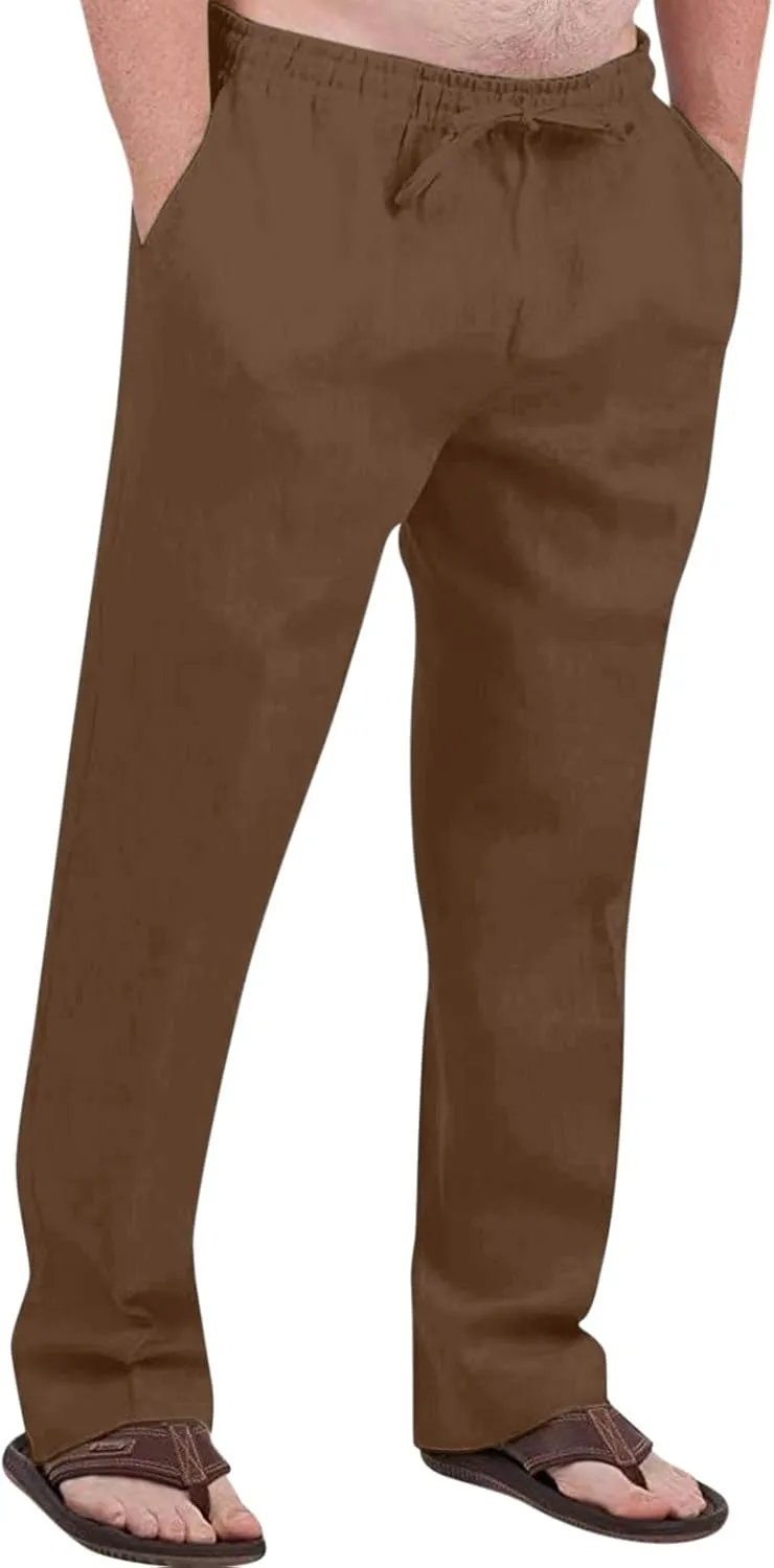 Men's Cotton Linen Pants Elastic Waist Drawstring Pants Lightweight Casual Pants Summer Beach Pants with Pockets