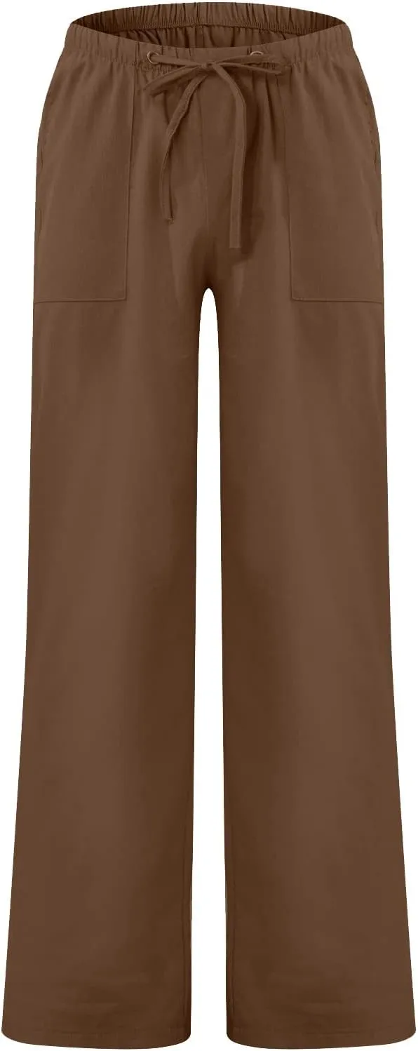 Men's Cotton Linen Pants Elastic Waist Drawstring Pants Lightweight Casual Pants Summer Beach Pants with Pockets