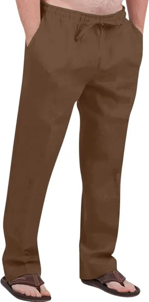 Men's Cotton Linen Pants Elastic Waist Drawstring Pants Lightweight Casual Pants Summer Beach Pants with Pockets