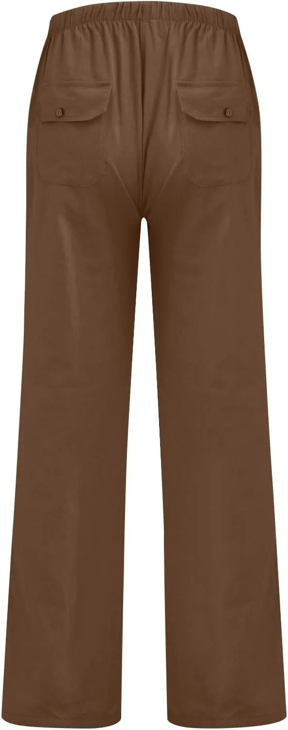 Men's Cotton Linen Pants Elastic Waist Drawstring Pants Lightweight Casual Pants Summer Beach Pants with Pockets