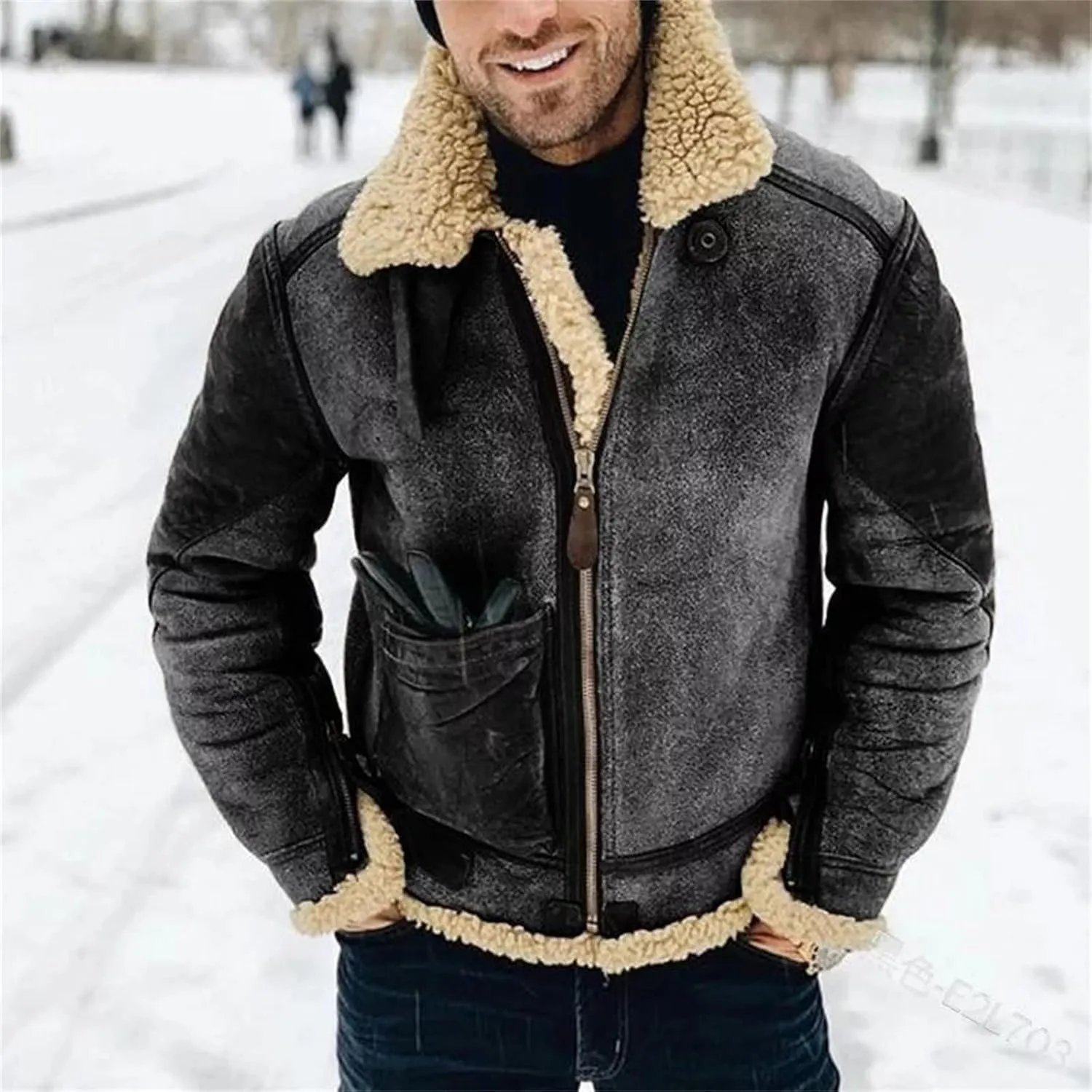 Mens Faux Leather Coat Faux Fur Overcoat Long Sleeve Lapel Zip Up Jacket Cozy Retro Fuzzy Sherpa Fleece Lined Jacket