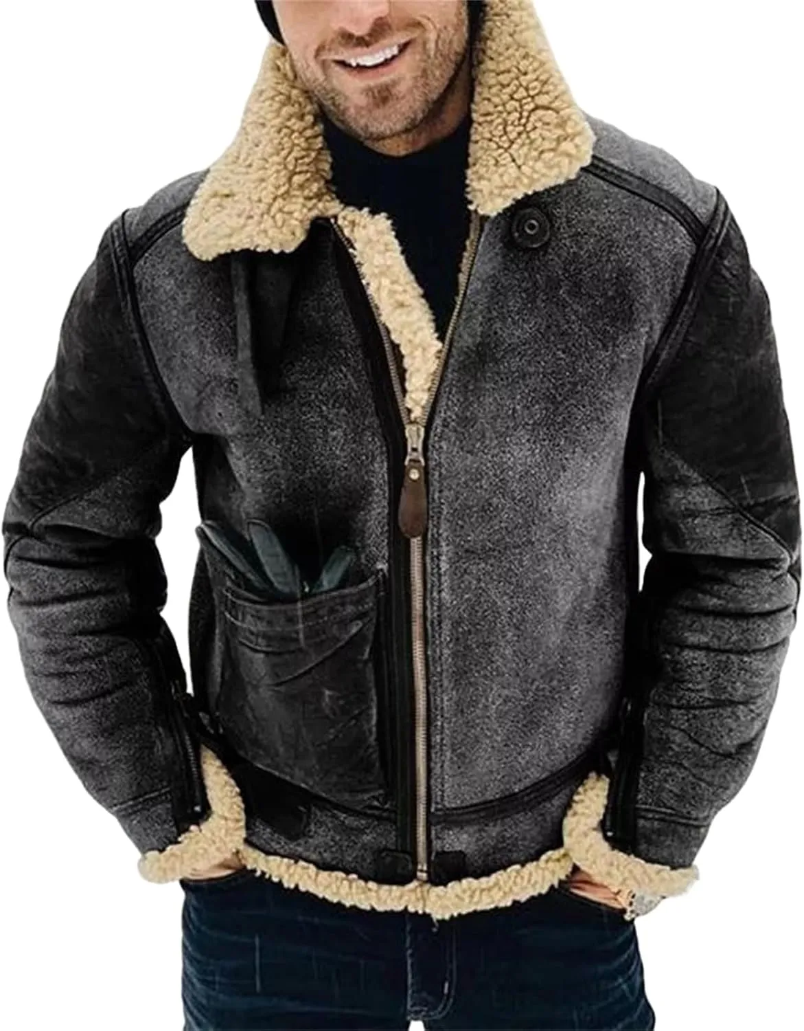 Mens Faux Leather Coat Faux Fur Overcoat Long Sleeve Lapel Zip Up Jacket Cozy Retro Fuzzy Sherpa Fleece Lined Jacket