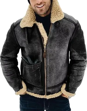 Mens Faux Leather Coat Faux Fur Overcoat Long Sleeve Lapel Zip Up Jacket Cozy Retro Fuzzy Sherpa Fleece Lined Jacket