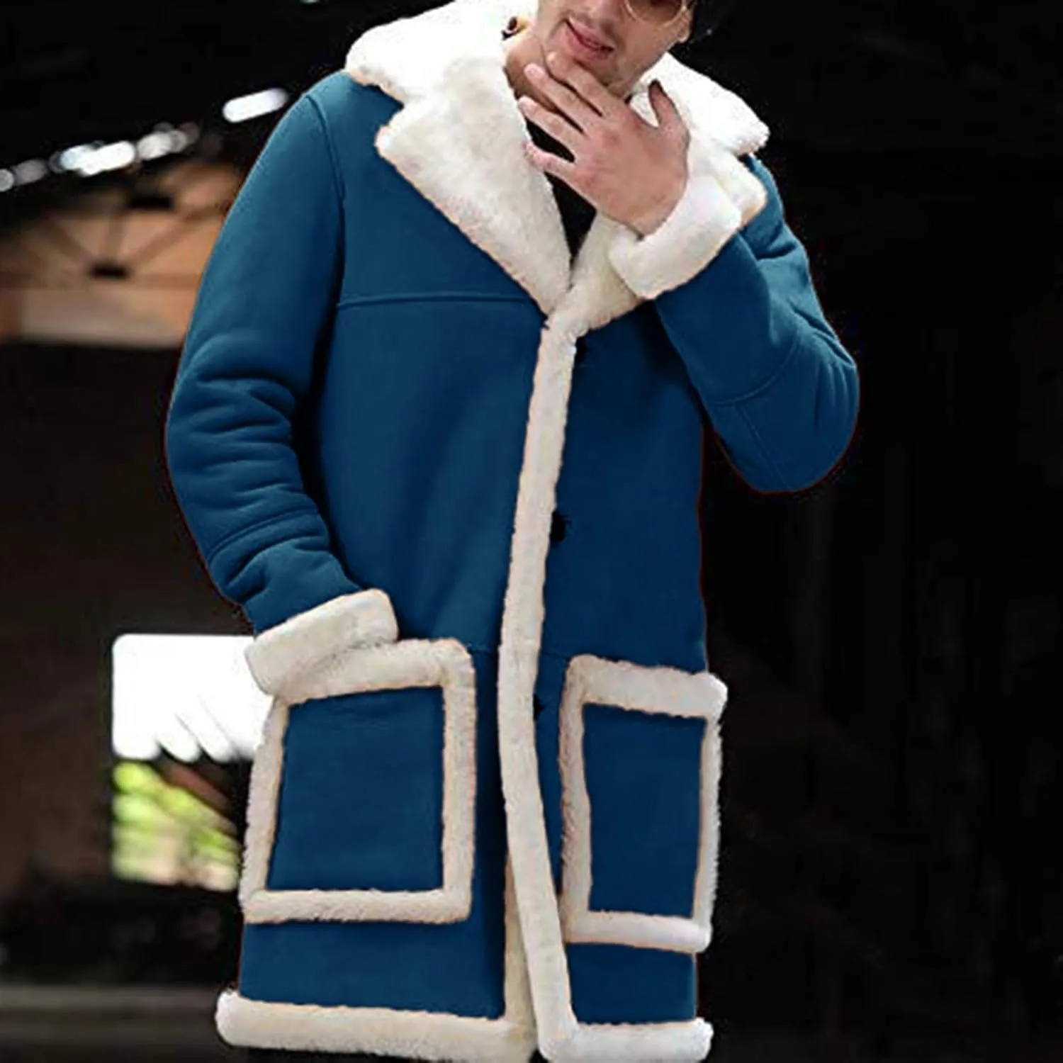 Mens Faux Sherpa Fleece Lined Long Jackets Winter Fur Collar Trench Coat Big and Tall Outwears with Pockets