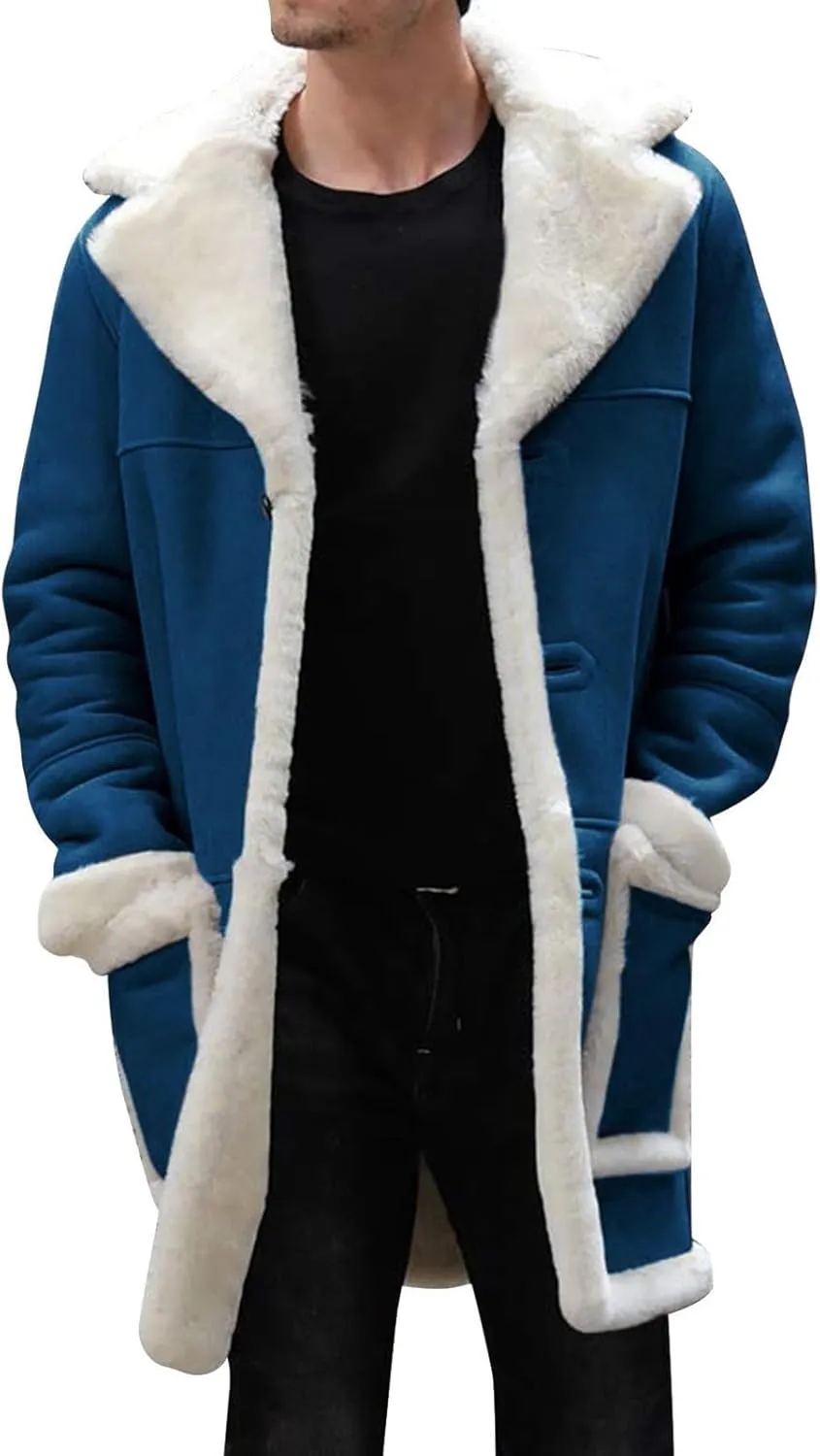 Mens Faux Sherpa Fleece Lined Long Jackets Winter Fur Collar Trench Coat Big and Tall Outwears with Pockets