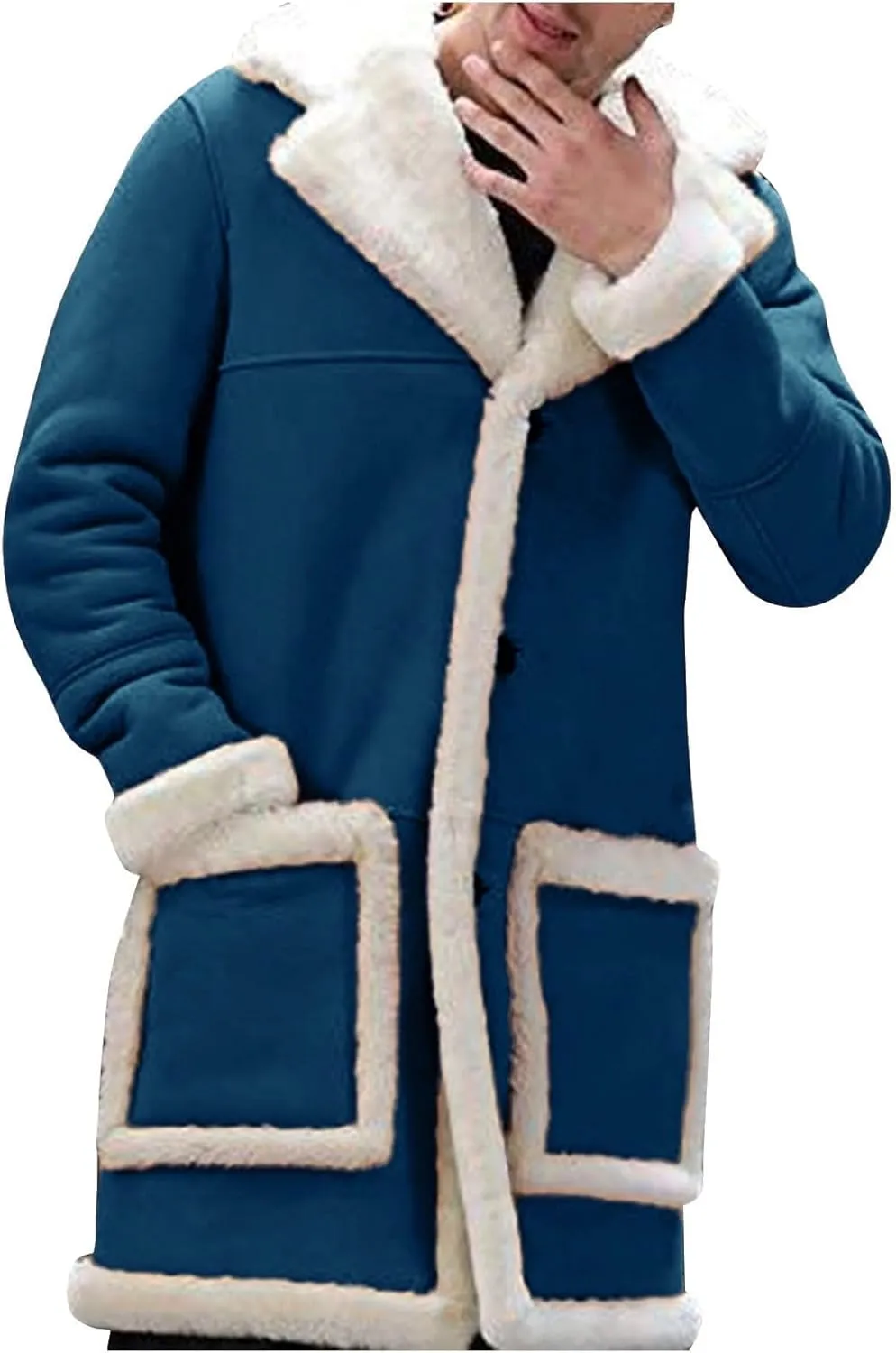 Mens Faux Sherpa Fleece Lined Long Jackets Winter Fur Collar Trench Coat Big and Tall Outwears with Pockets