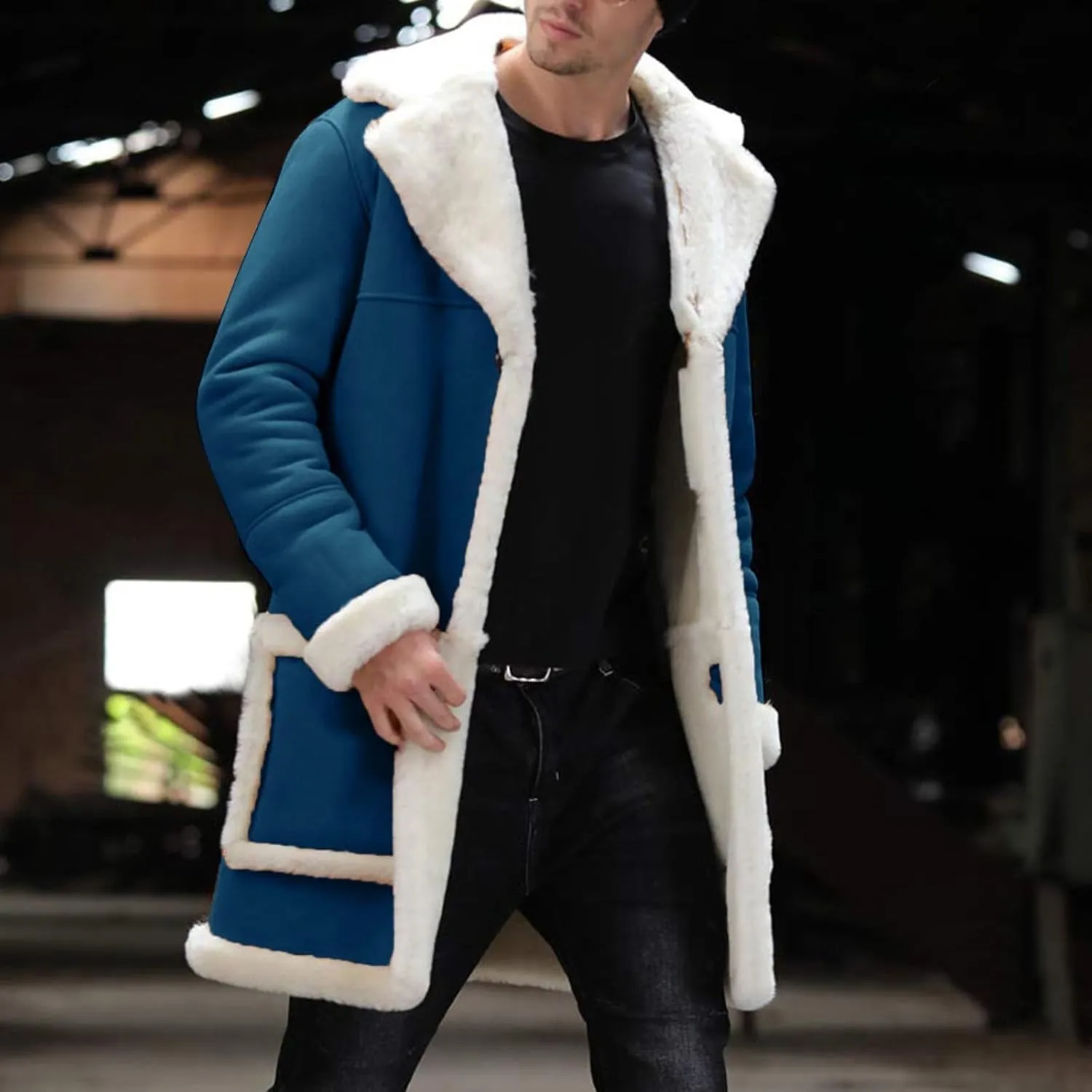 Mens Faux Sherpa Fleece Lined Long Jackets Winter Fur Collar Trench Coat Big and Tall Outwears with Pockets
