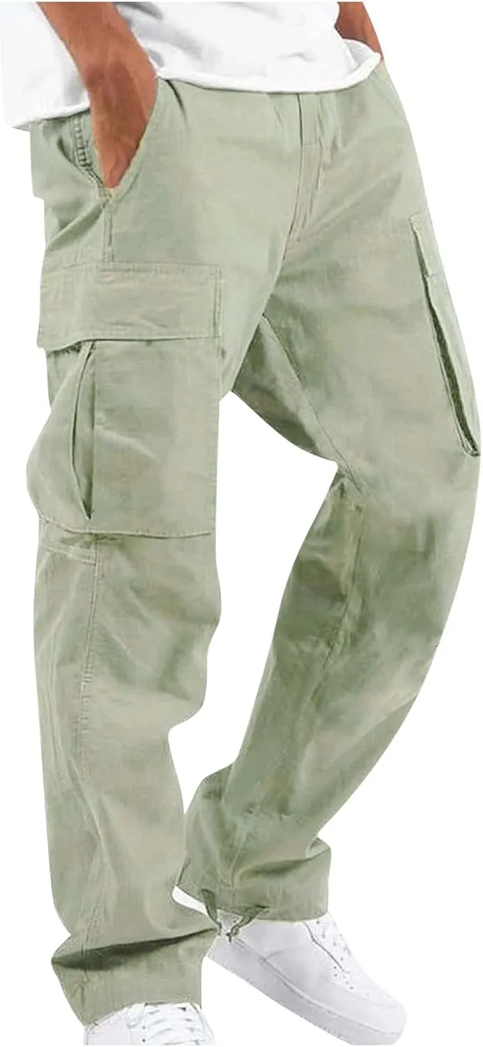 Mens Outdoor Cargo Pants Lightweight Relaxed Fit Tactical Pants Solid Camo Multi Pockets Classic Trousers