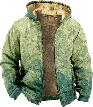 Mens Winter Coat With Hood Fleece Zip Up Coat Thermal Heavy Windbreaker Casual Vintage Oversized Jacket