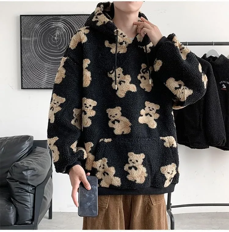 Mens Womens Cute Oversized Hoodies Kawaii Furry Bear Graphic Hoodies Y2k Vintage Harajuku Sweater Fluffy Sweatshirt