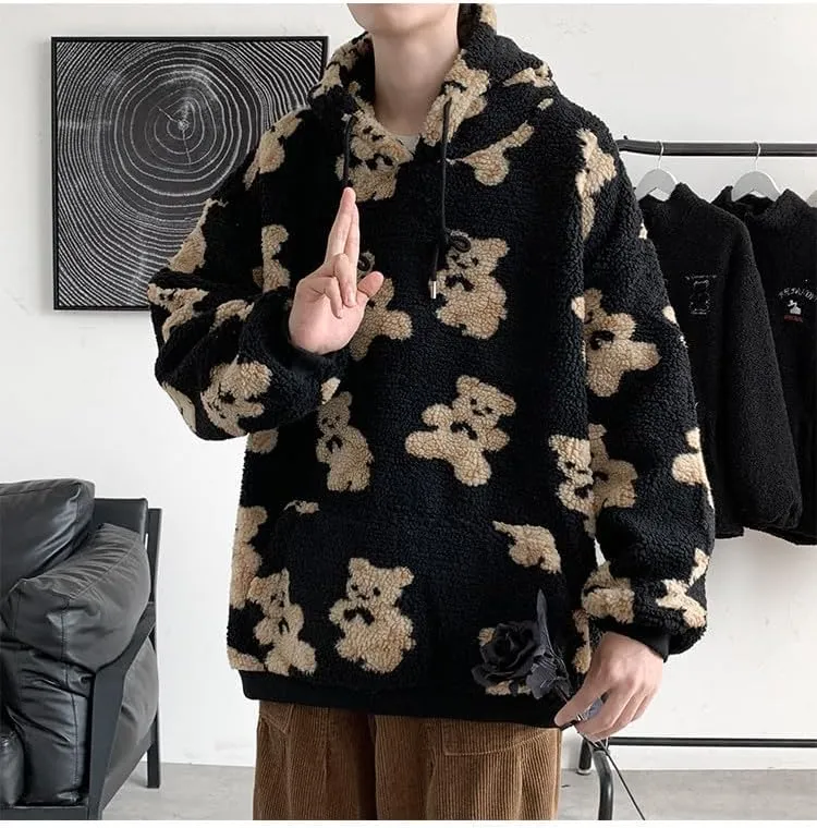 Mens Womens Cute Oversized Hoodies Kawaii Furry Bear Graphic Hoodies Y2k Vintage Harajuku Sweater Fluffy Sweatshirt