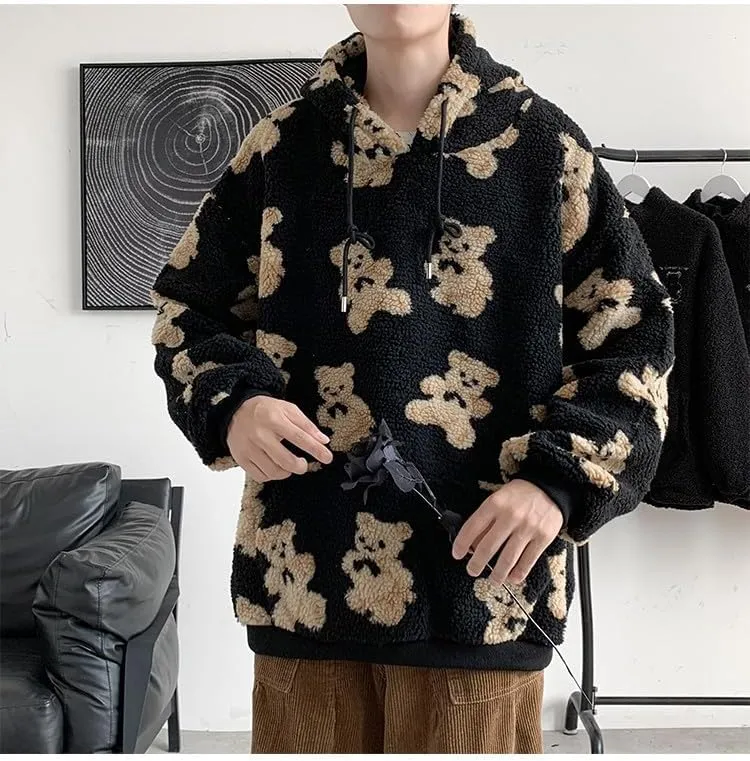 Mens Womens Cute Oversized Hoodies Kawaii Furry Bear Graphic Hoodies Y2k Vintage Harajuku Sweater Fluffy Sweatshirt