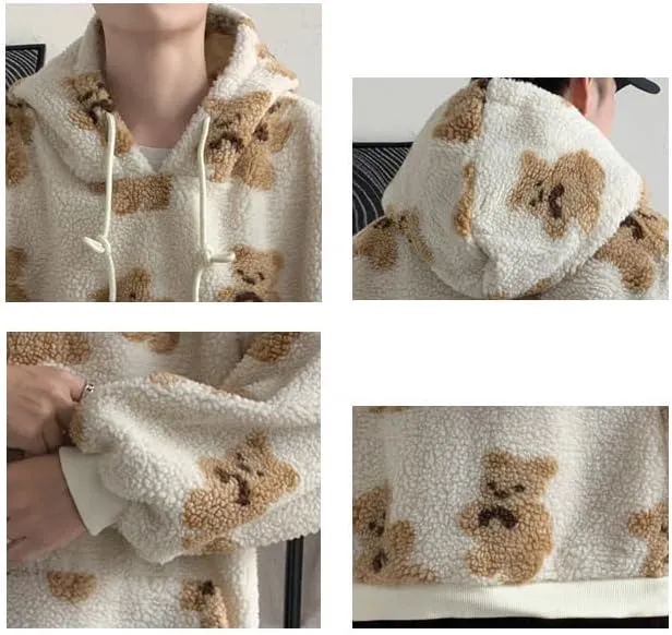 Mens Womens Cute Oversized Hoodies Kawaii Furry Bear Graphic Hoodies Y2k Vintage Harajuku Sweater Fluffy Sweatshirt