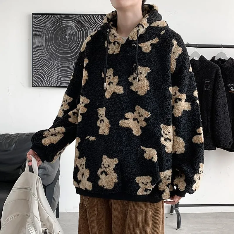 Mens Womens Cute Oversized Hoodies Kawaii Furry Bear Graphic Hoodies Y2k Vintage Harajuku Sweater Fluffy Sweatshirt