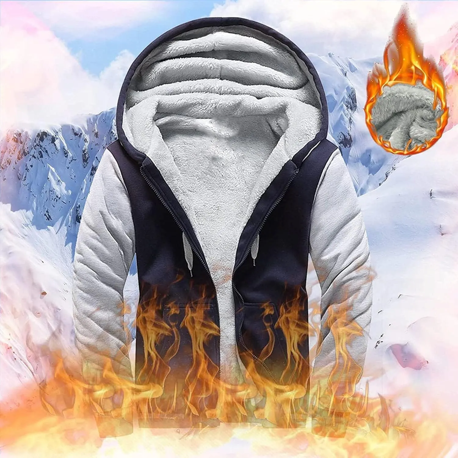 Men's Zip Up Hoodie Wool Warm Thick Coats Heavyweight Winter Sweatshirt Comfy Fleece Lined Hoodie Jacket Hooded Coat