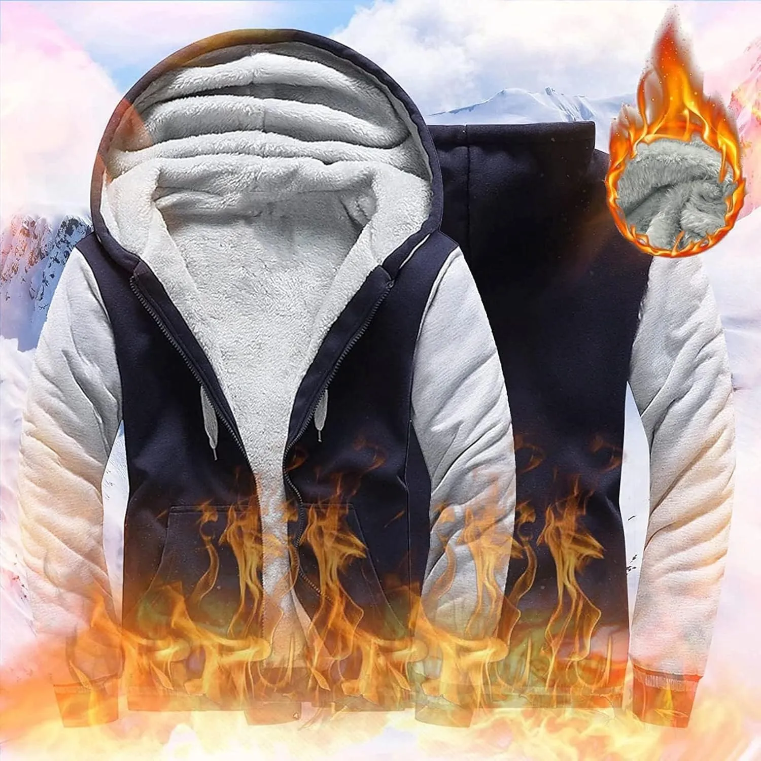 Men's Zip Up Hoodie Wool Warm Thick Coats Heavyweight Winter Sweatshirt Comfy Fleece Lined Hoodie Jacket Hooded Coat
