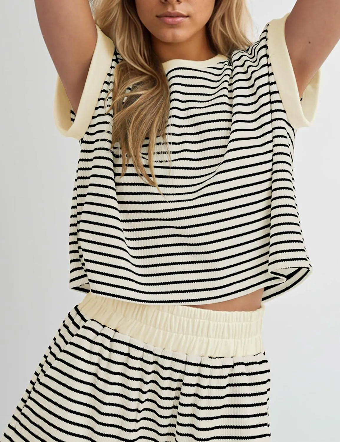 MISSACTIVER 2 Piece Lounge Set Women Stripe Knit Short Sleeve Tee Shirts Shorts Casual Summer Loungewear Shorts Sets