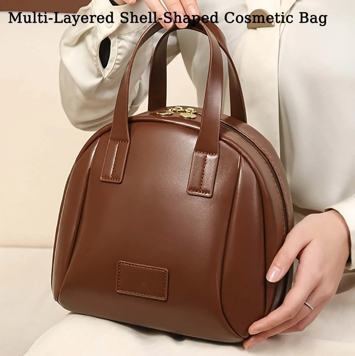 Multi-Layered Shell-Shaped Cosmetic Bag,Portable Large Capacity Pu Shell Shaped Cosmetic Bag With Compartments,for Travel (Black Brown)
