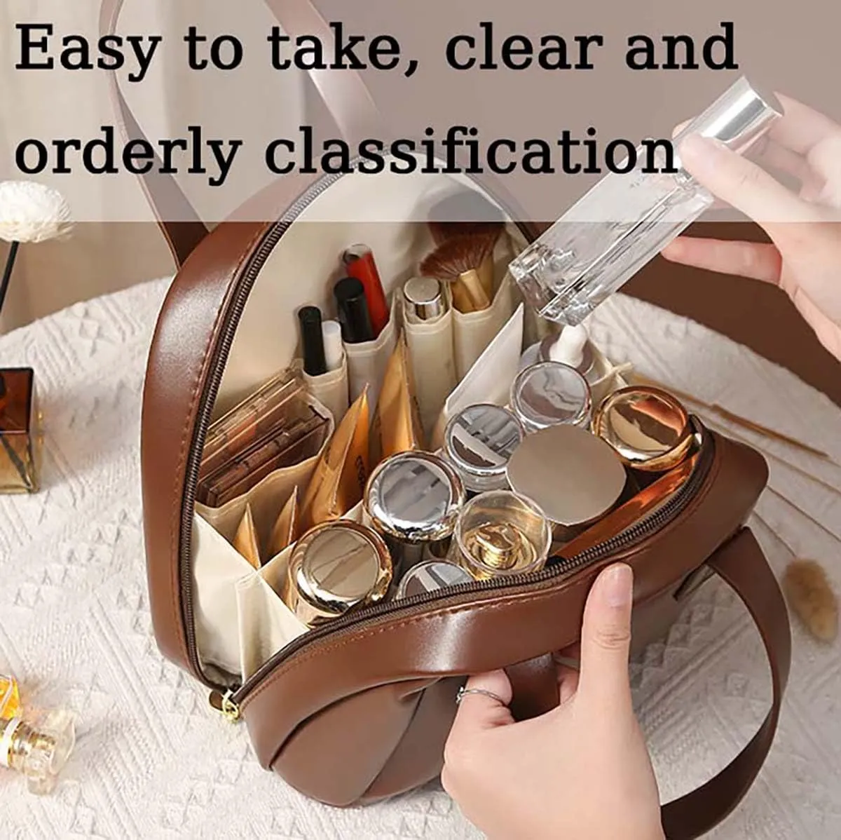 Multi-Layered Shell-Shaped Cosmetic Bag,Portable Large Capacity Pu Shell Shaped Cosmetic Bag With Compartments,for Travel (Black Brown)