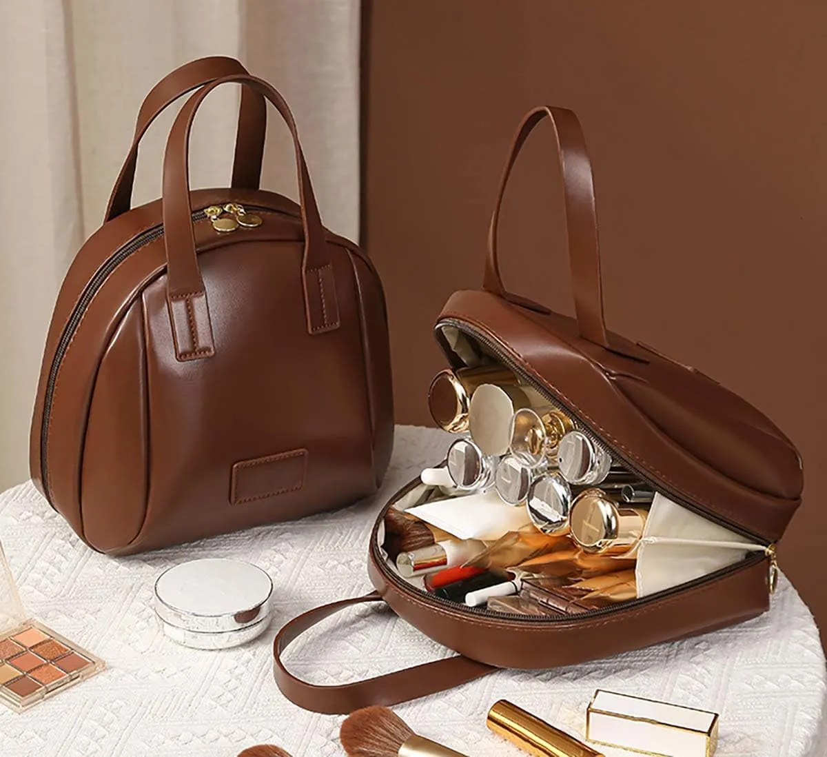 Multi-Layered Shell-Shaped Cosmetic Bag,Portable Large Capacity Pu Shell Shaped Cosmetic Bag With Compartments,for Travel (Brown)