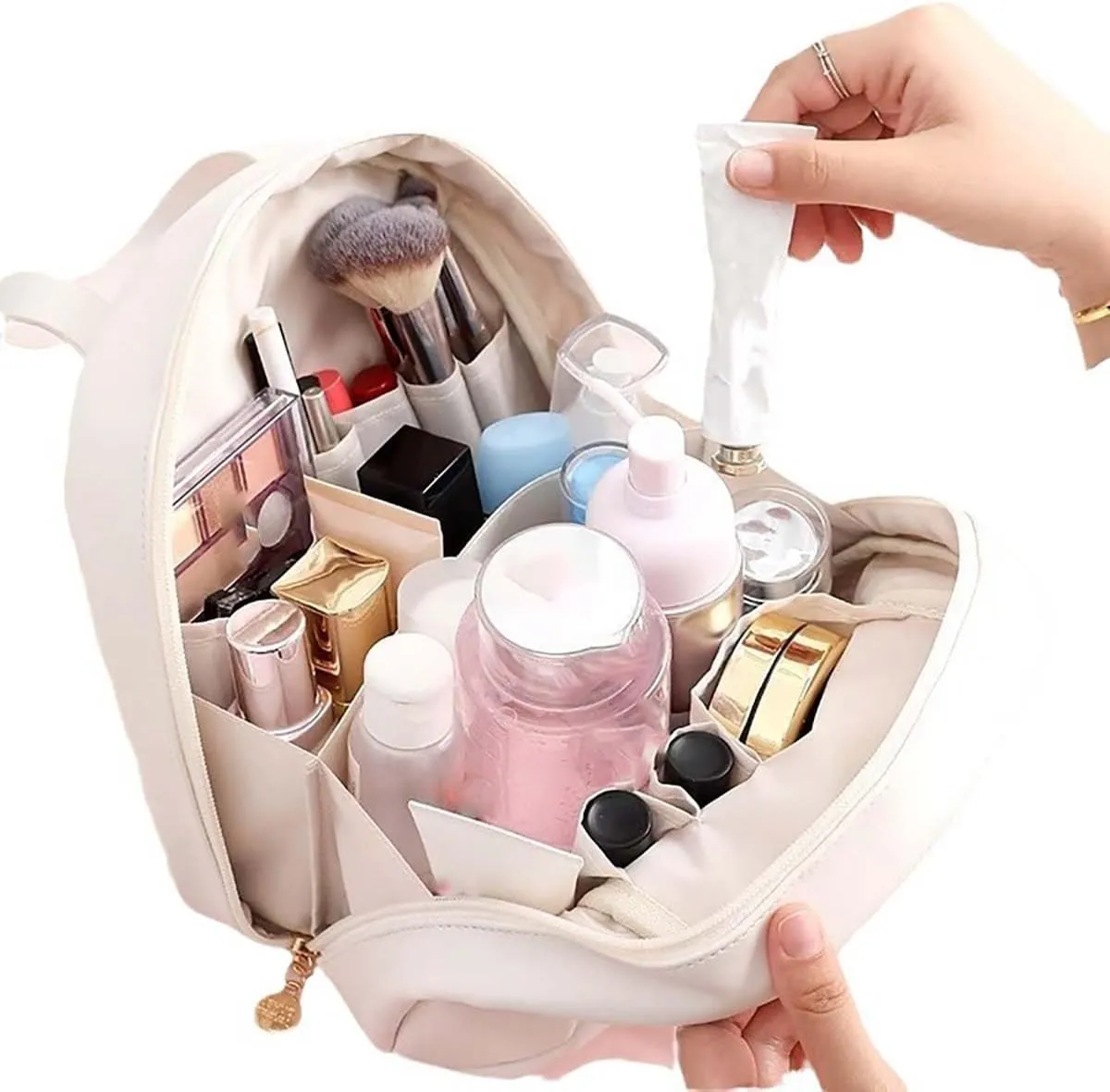 Multi-Layered Shell-Shaped Cosmetic Bag,Portable Large Capacity Pu Shell Shaped Cosmetic Bag With Compartments,for Travel (White Pink)
